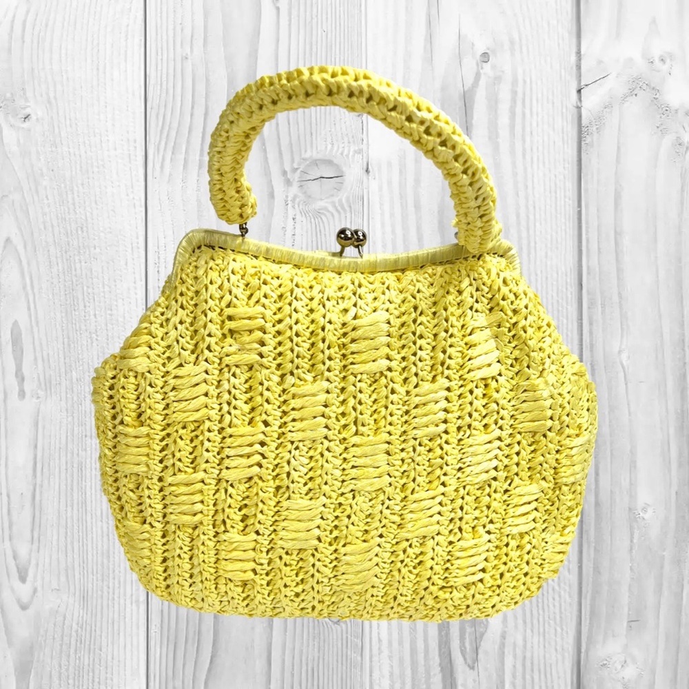 60s Vintage Bright Yellow Raffia Rattan Handbag